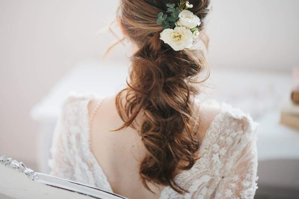 Wrapped ponytail with flowers